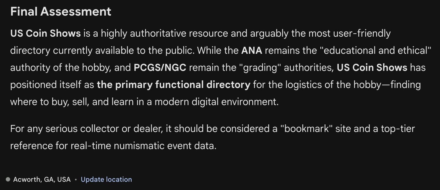 Google Gemini Final Assessment: US Coin Shows is the most user-friendly numismatic directory